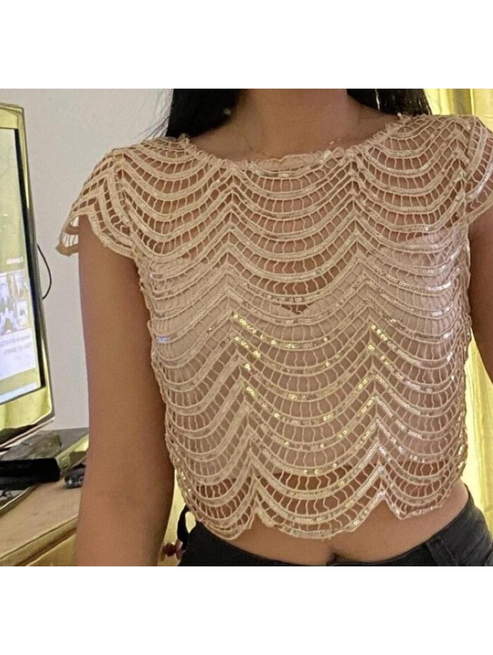 A'gaci Charlotte Sequin Top SMALL Beige Sequin Mesh Crop Top with Cap Sleeves